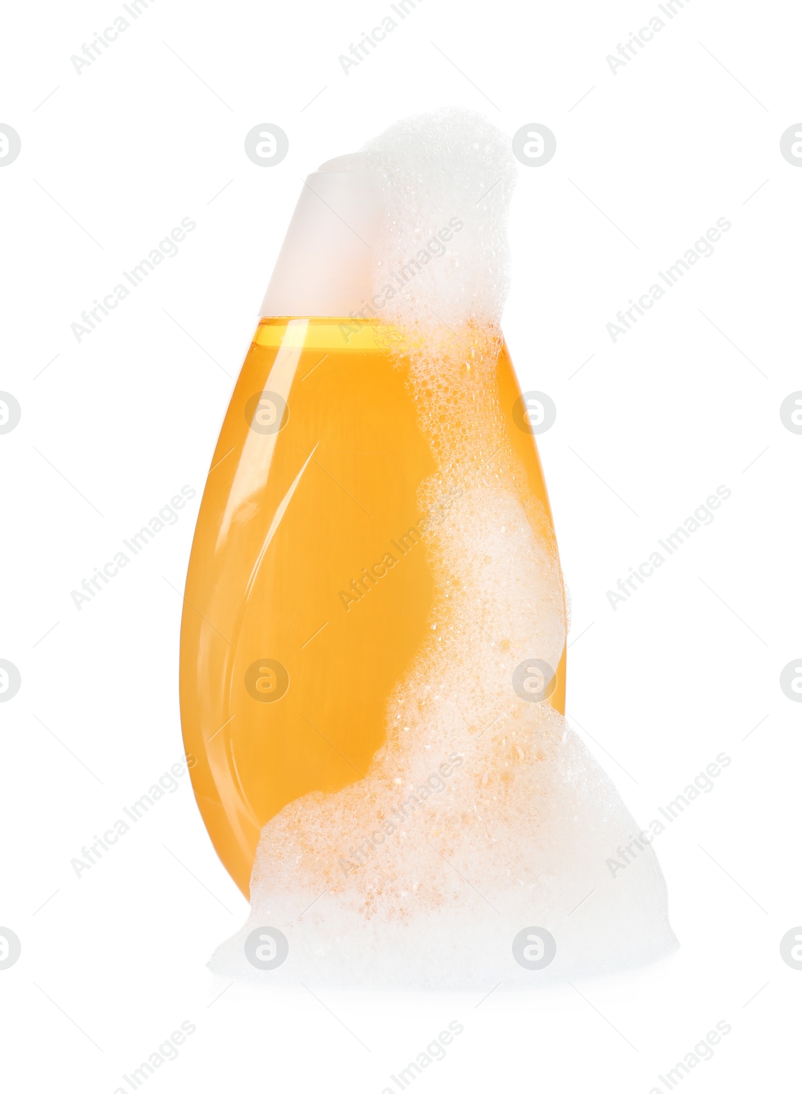 Photo of Bottle of bubble bath with foam isolated on white