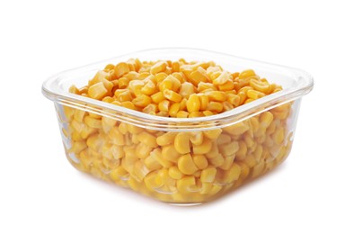 Photo of Glass container with tasty corn kernels isolated on white