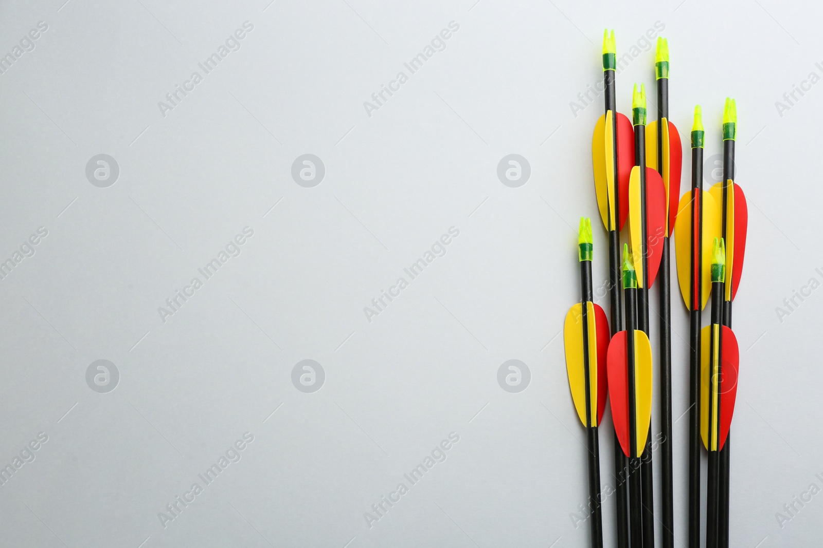 Photo of Plastic arrows on light grey background, flat lay with space for text. Archery sports equipment