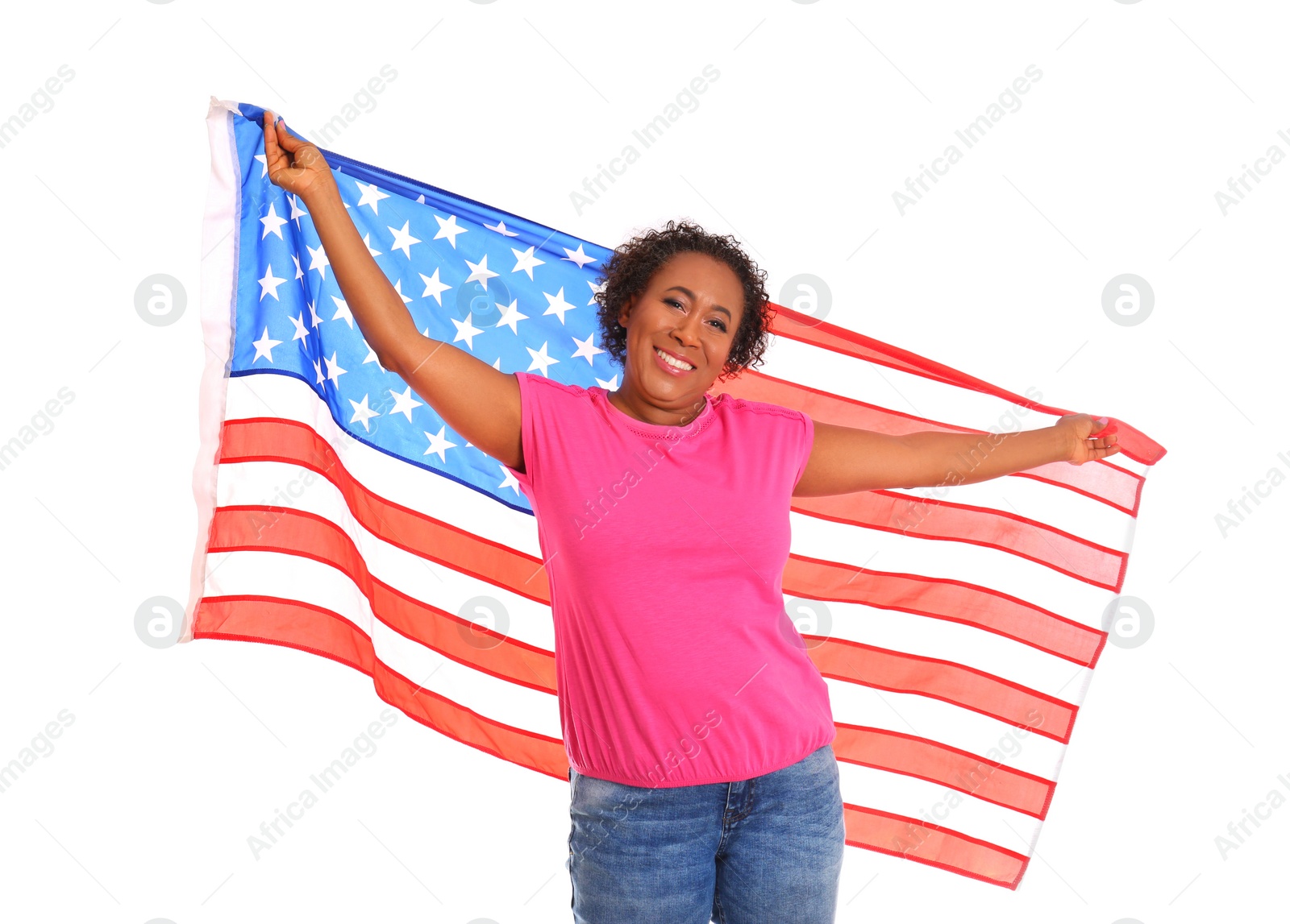 Photo of Portrait of happy African-American woman with USA flag on white background