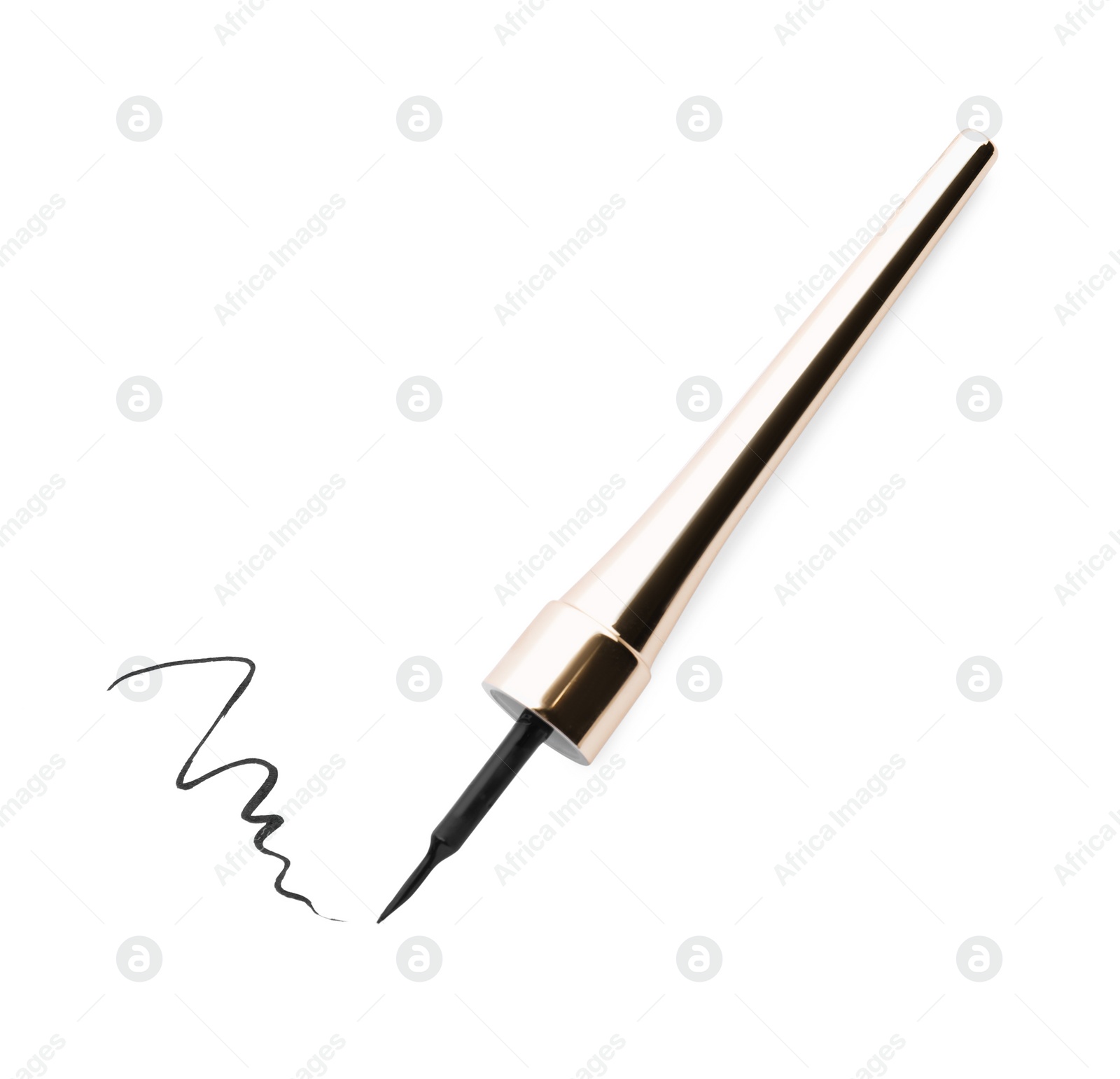 Photo of Black eyeliner and stroke on white background, top view. Makeup product