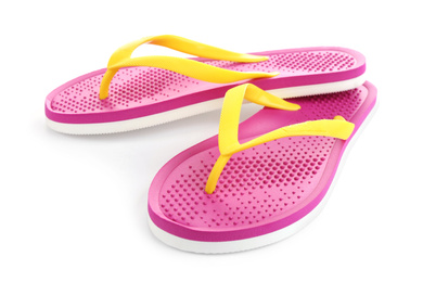 Stylish pink flip flops isolated on white