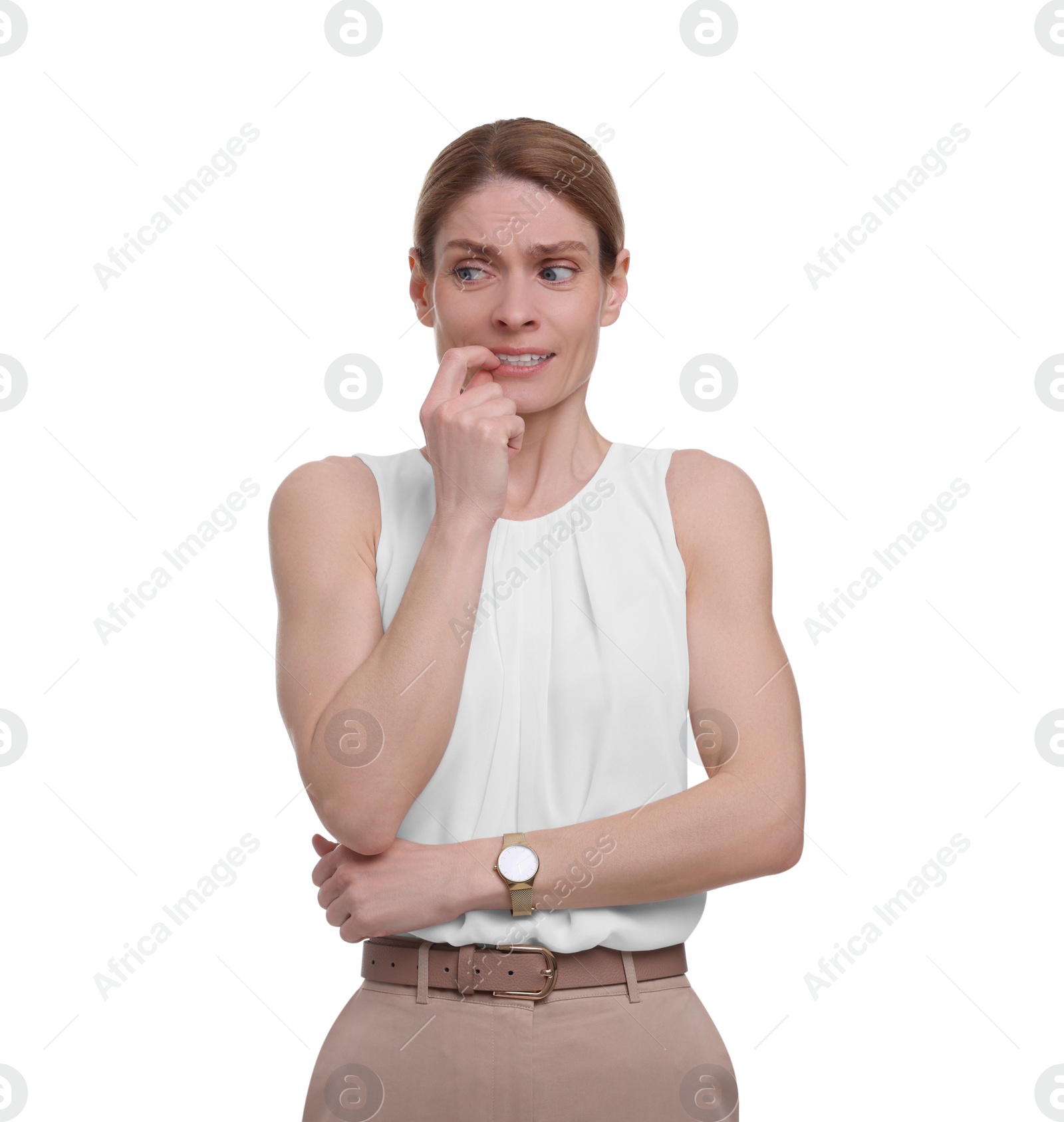 Photo of Portrait of beautiful emotional businesswoman on white background