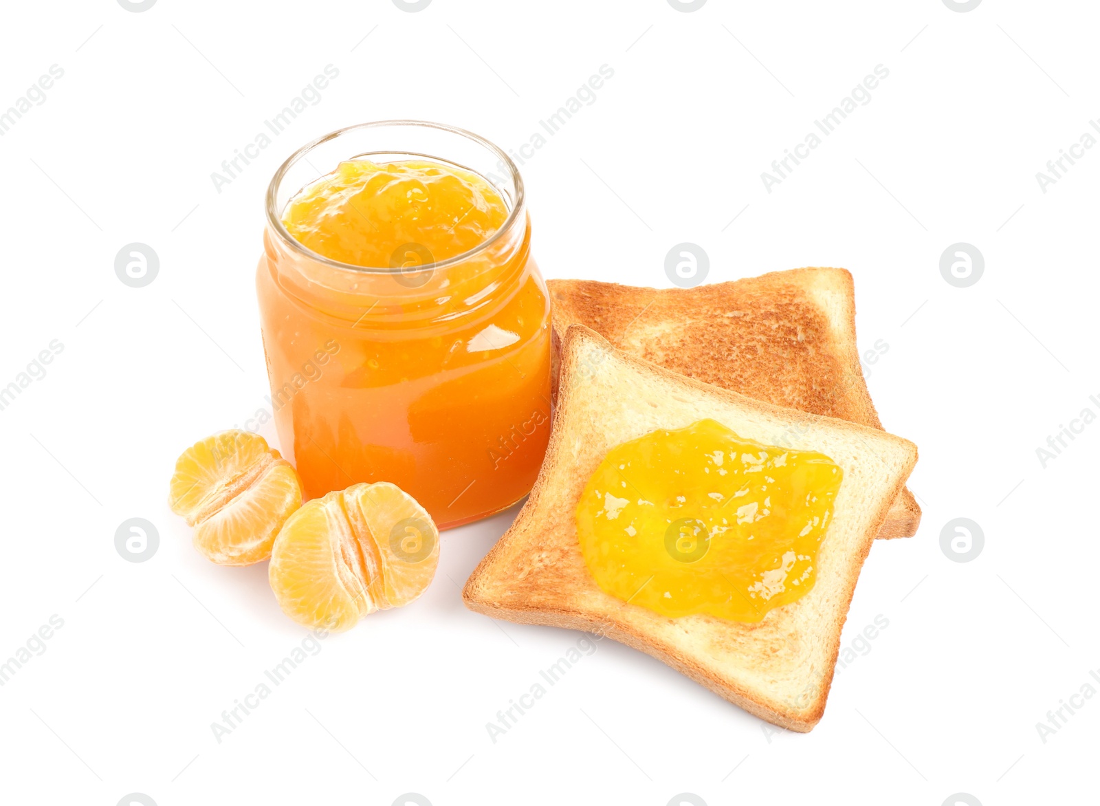 Photo of Toasts with tasty jam and fresh tangerine on white background