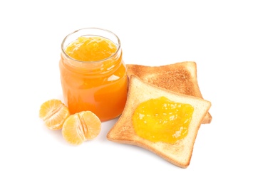 Photo of Toasts with tasty jam and fresh tangerine on white background