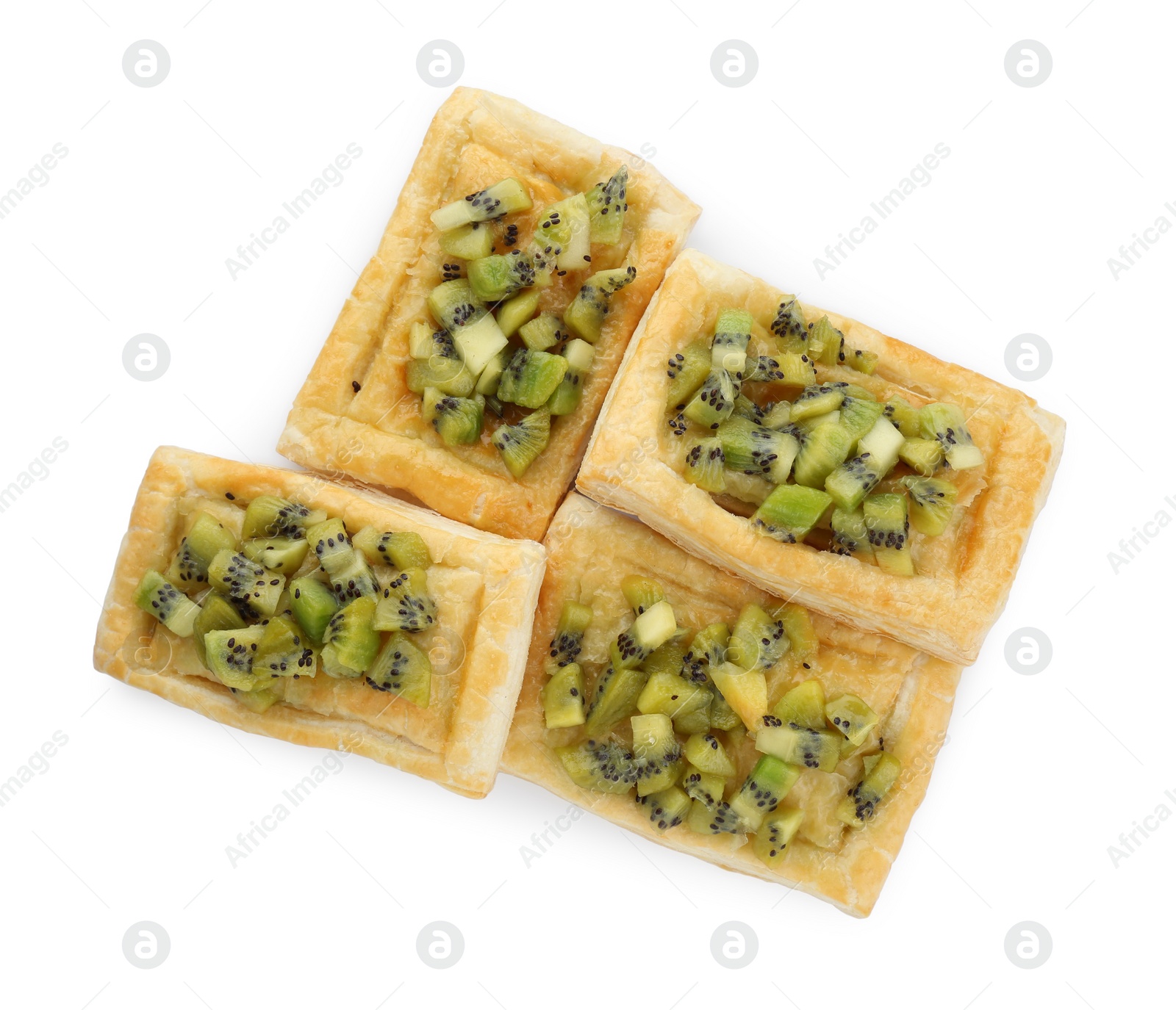 Photo of Fresh tasty puff pastry with kiwi isolated on white, top view