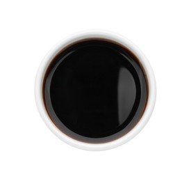 Tasty soy sauce in bowl isolated on white, top view