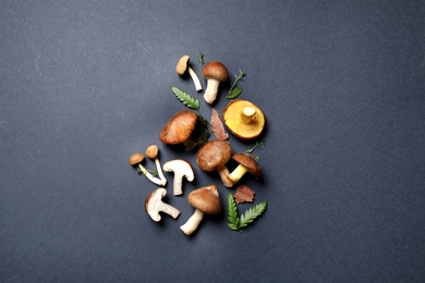 Photo of Flat lay composition with different mushrooms on grey background