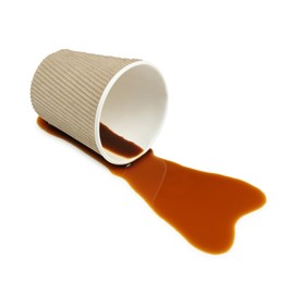 Photo of Overturned paper cup and spilled coffee on white background