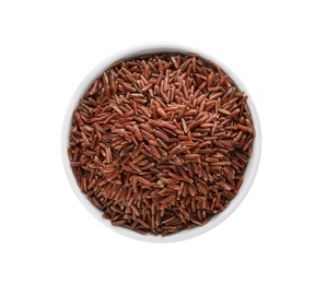 Photo of Ceramic bowl with brown rice on white background, top view