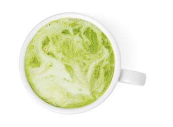 Cup of fresh matcha latte isolated on white, top view