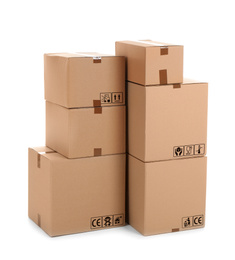 Image of Parcel delivery. Cardboard boxes with different packaging symbols on white background  