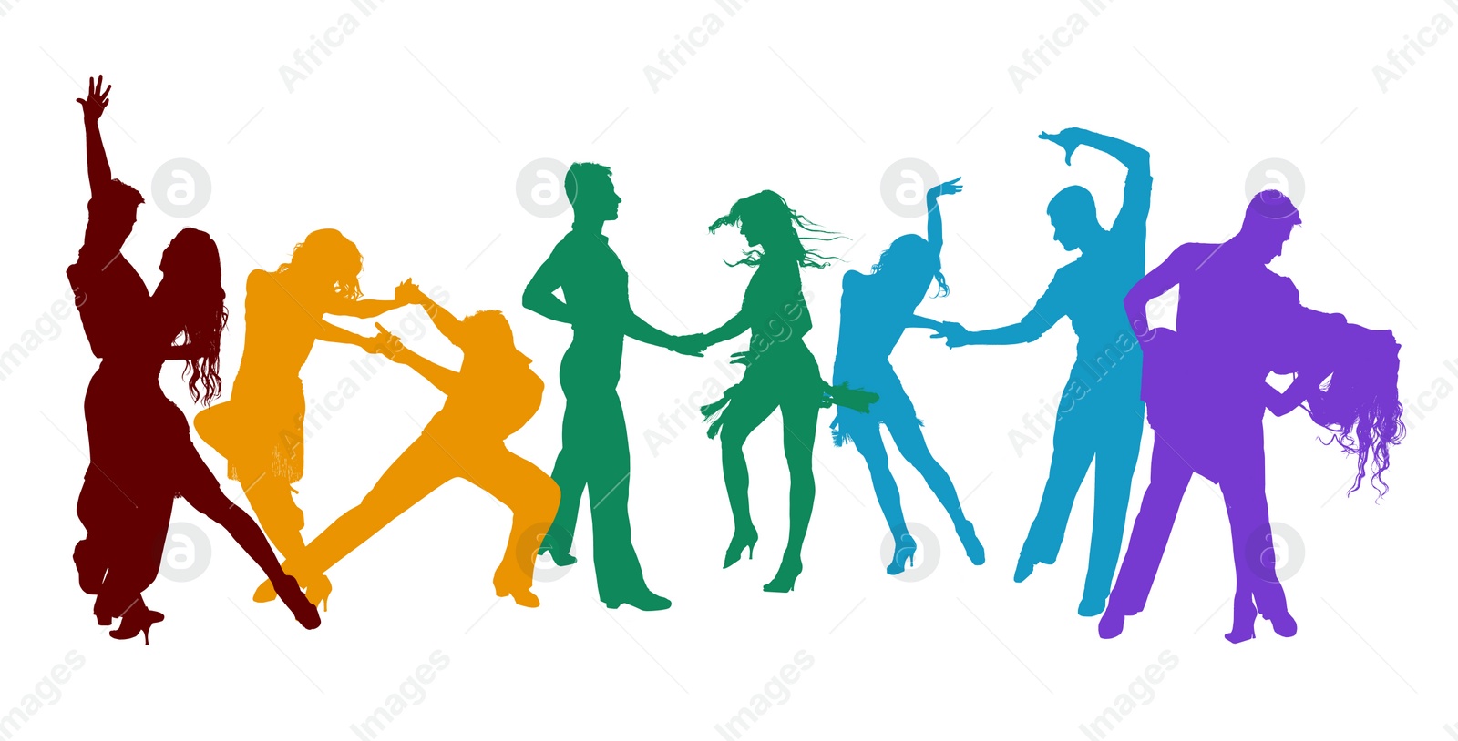 Illustration of Colorful silhouettes of people dancing on white background, illustration. Banner design