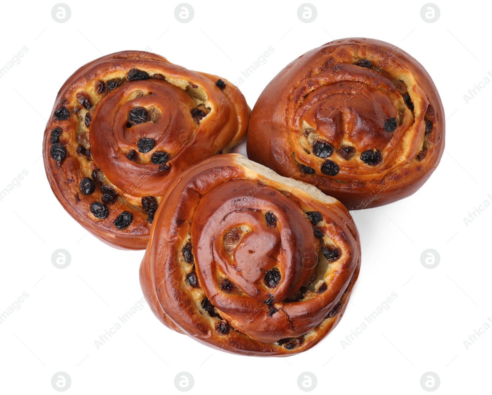 Photo of Delicious rolls with raisins isolated on white, above view. Sweet buns