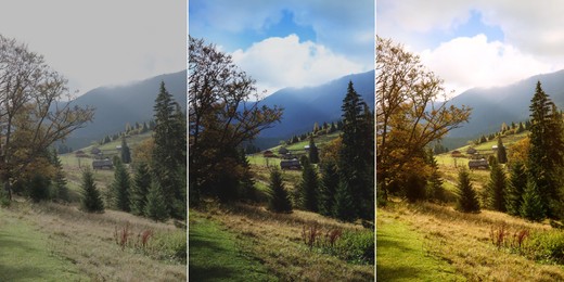 Image of Photos before and after retouch, collage. Beautiful mountain landscape with conifer forest and village