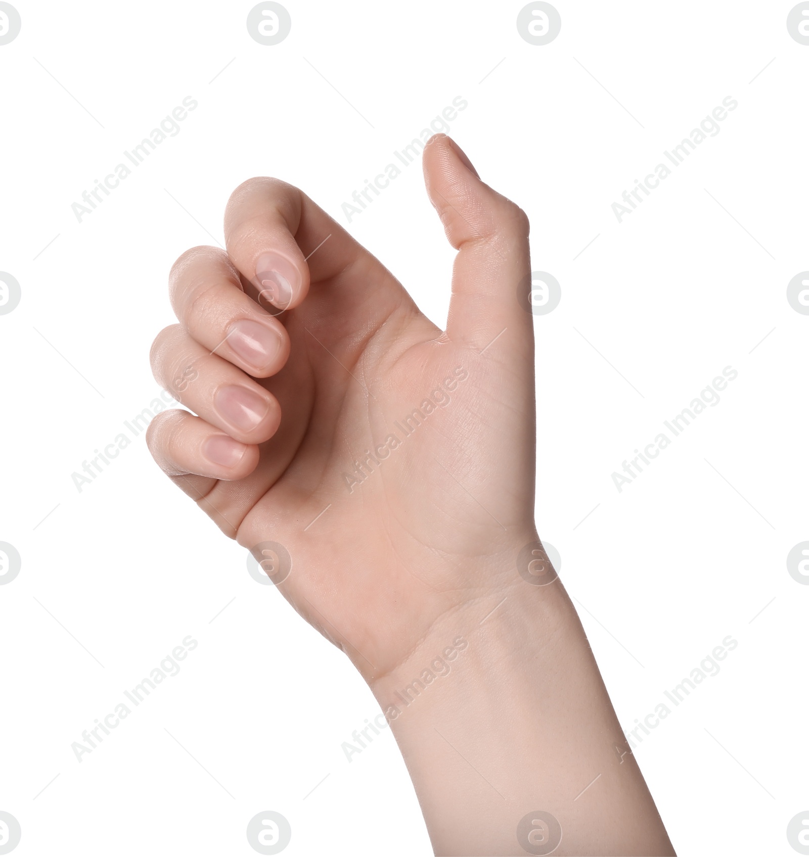 Photo of Woman holding something against white background, closeup