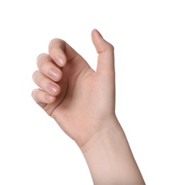 Woman holding something against white background, closeup