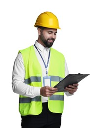 Engineer in hard hat holding clipboard on white background