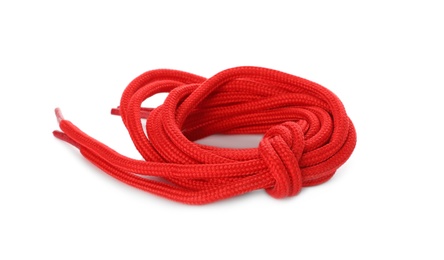 Photo of Red shoe laces tied in knot isolated on white