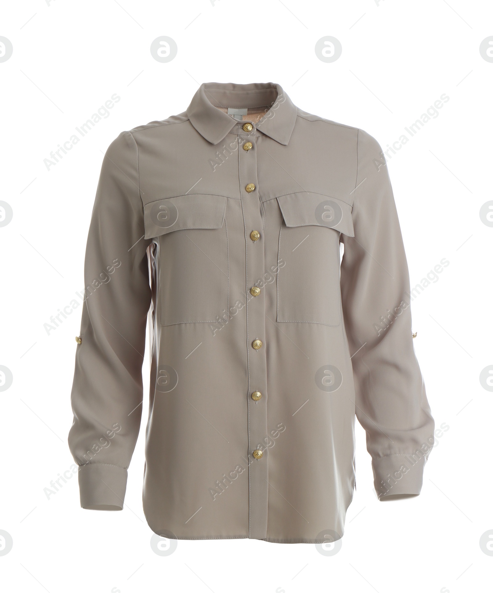 Photo of Elegant beige shirt on mannequin against white background. Women's clothes