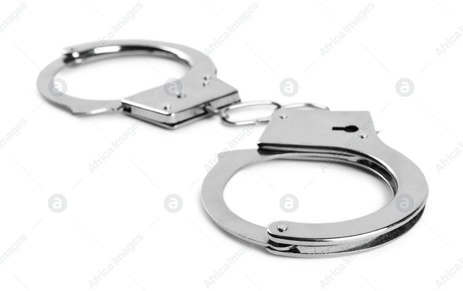 Photo of New classic chain handcuffs on white background