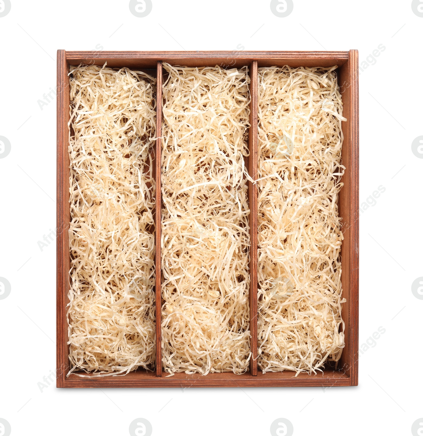 Photo of Open wooden wine box with straw isolated on white