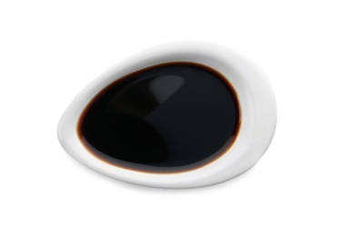 Dish of soy sauce on white background, top view