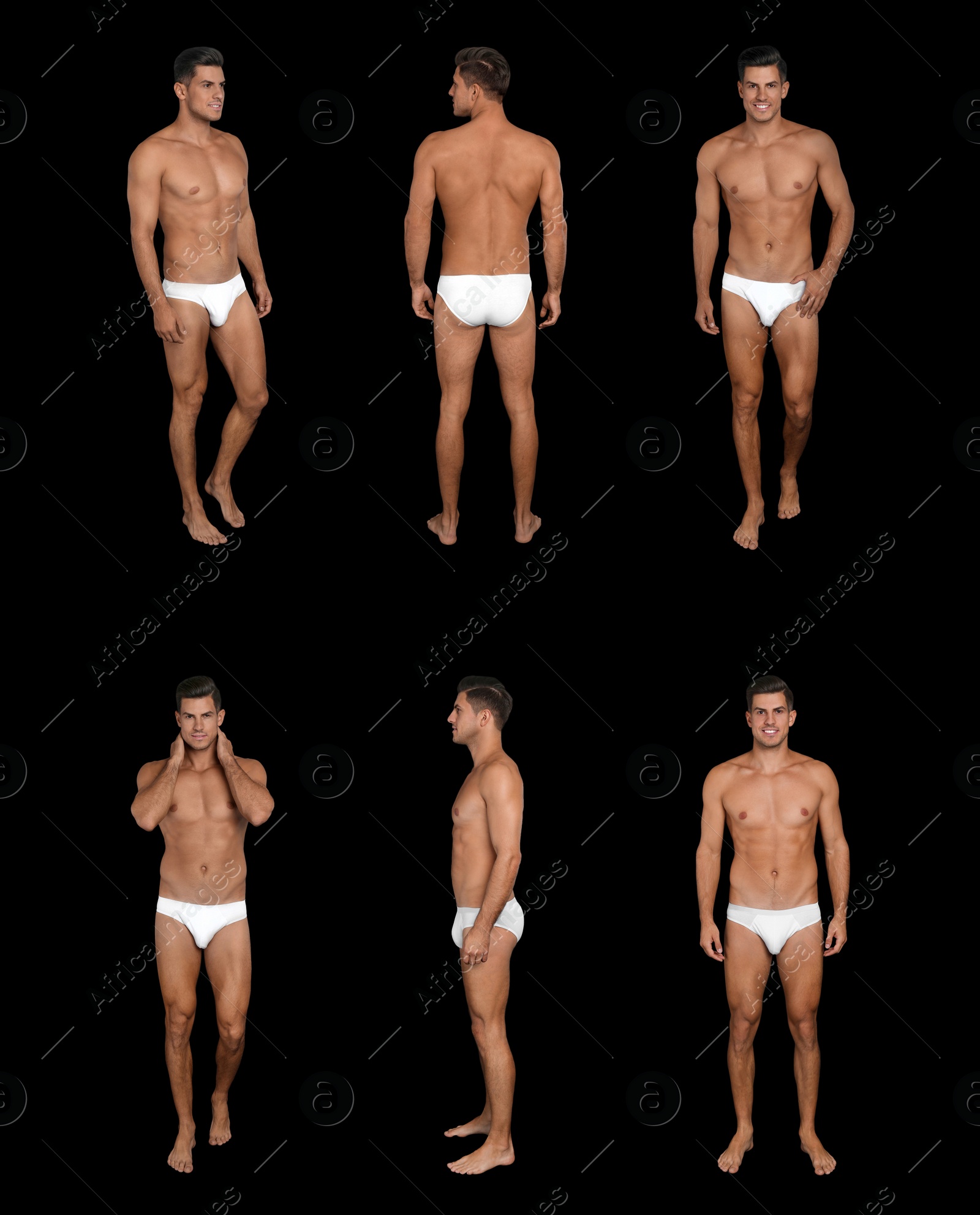 Image of Collage of man in underwear on black background