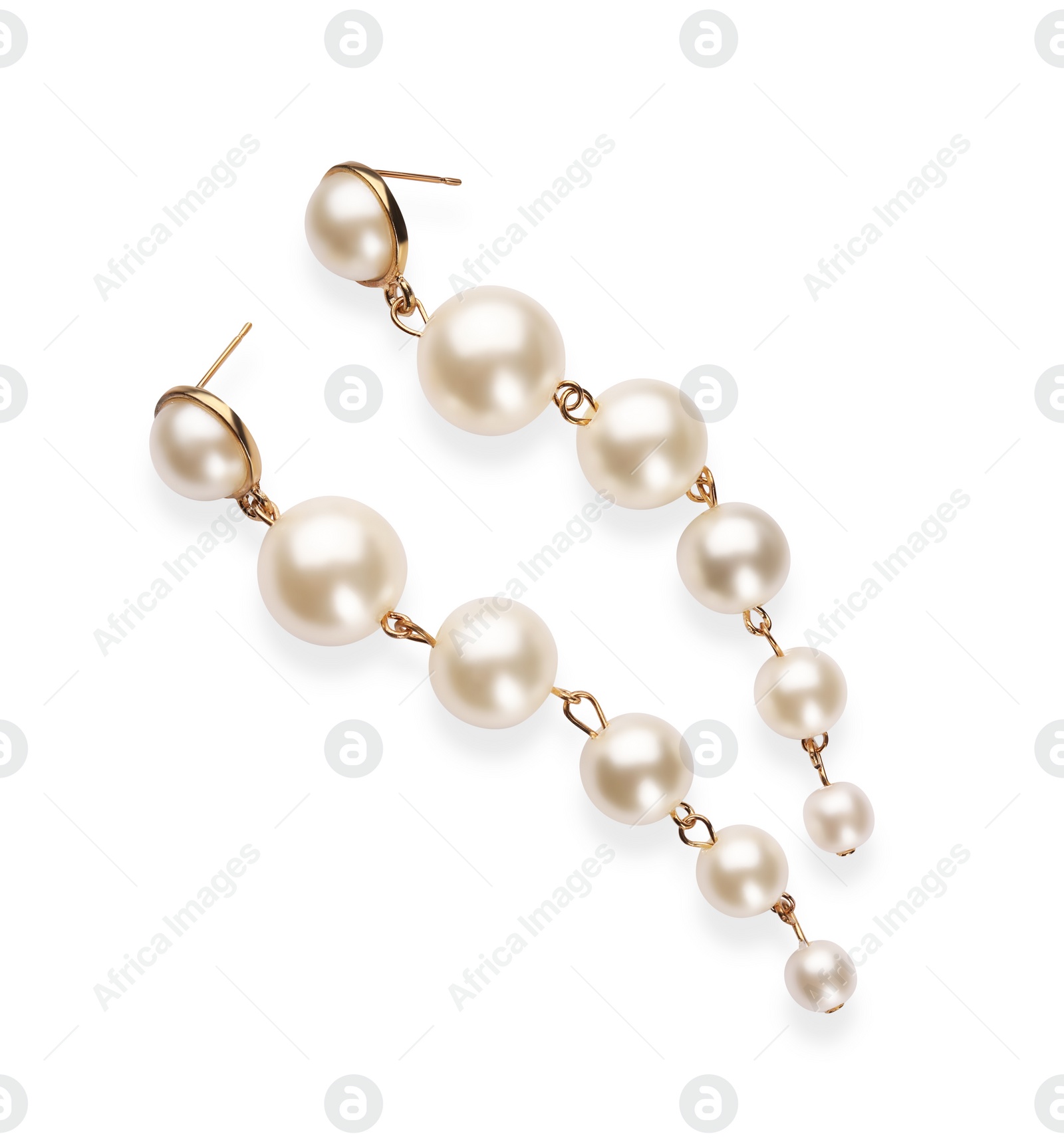 Photo of Elegant pearl earrings isolated on white, top view