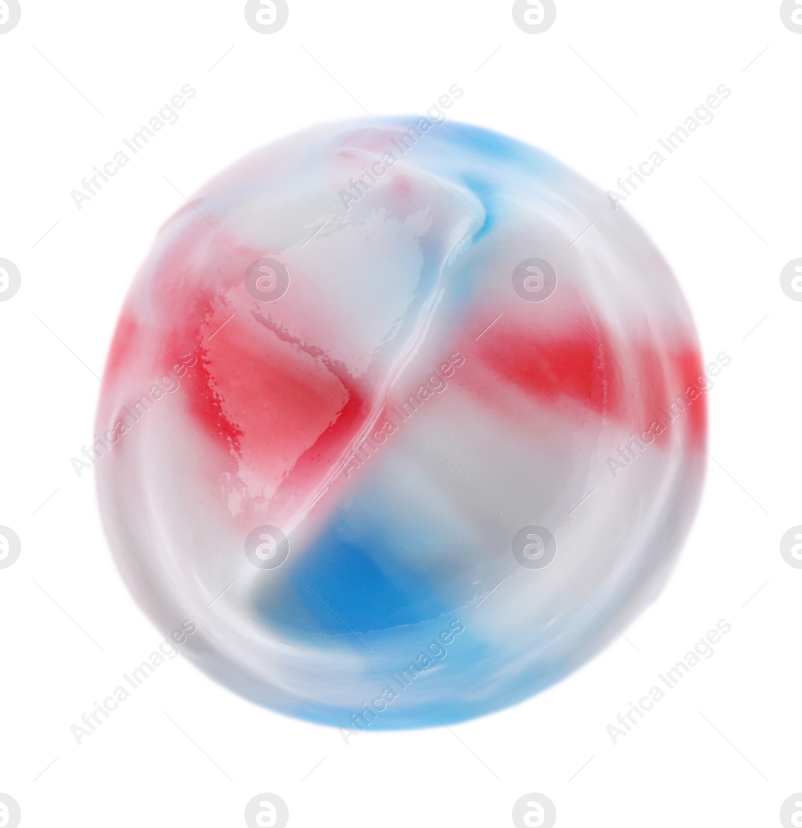 Photo of Smear of colorful toothpaste isolated on white, top view