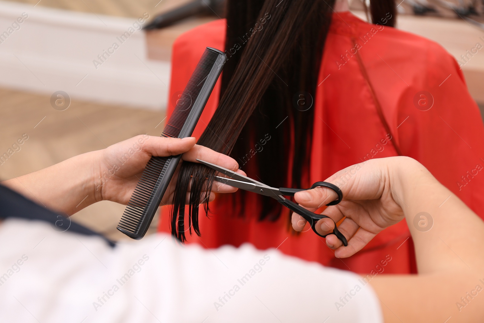 Photo of Stylist cutting hair of client in professional salon, closeup