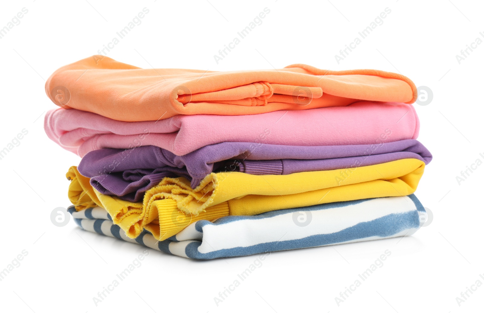 Photo of Stack of folded clothes isolated on white