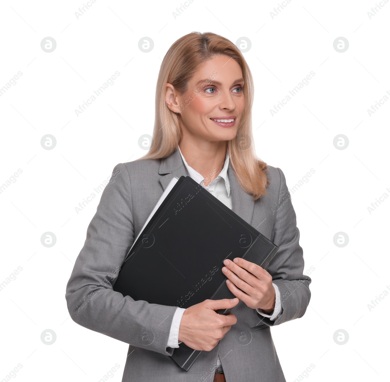 Photo of Portrait of smiling woman with folder on white background. Lawyer, businesswoman, accountant or manager
