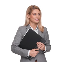 Portrait of smiling woman with folder on white background. Lawyer, businesswoman, accountant or manager