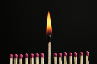 Photo of Burning match among others on black background. Difference and uniqueness concept