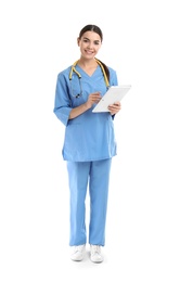 Full length portrait of medical assistant with stethoscope and tablet on white background