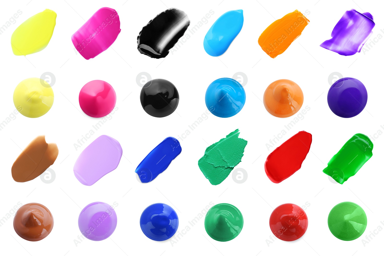 Image of Set with paint samples of different colors isolated on white, top view