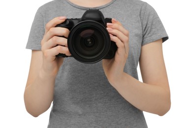 Photo of Photographer with camera on white background, closeup