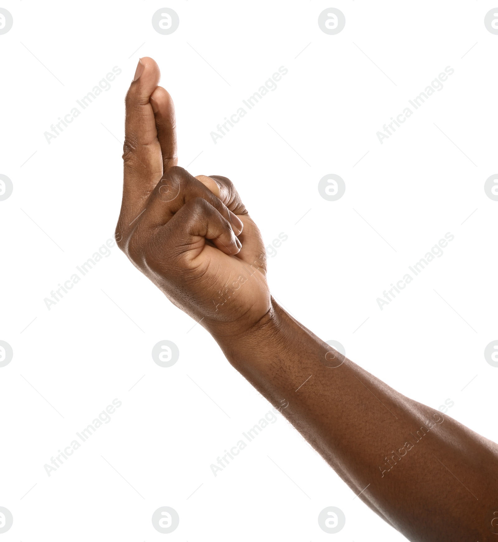 Photo of African-American man crossing fingers on white background, closeup