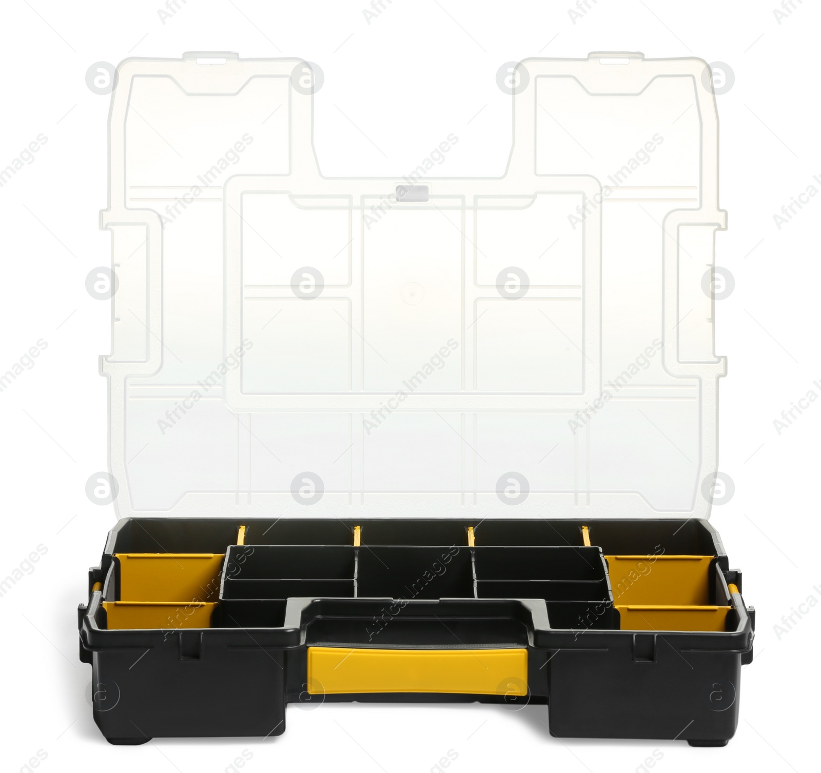 Photo of Empty plastic box for tools isolated on white