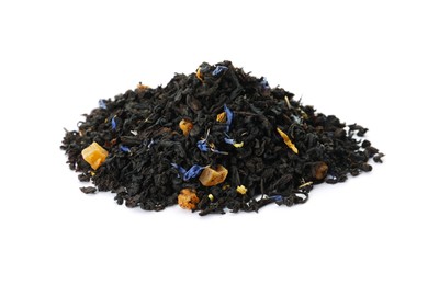 Photo of Pile of dried herbal tea leaves on white background