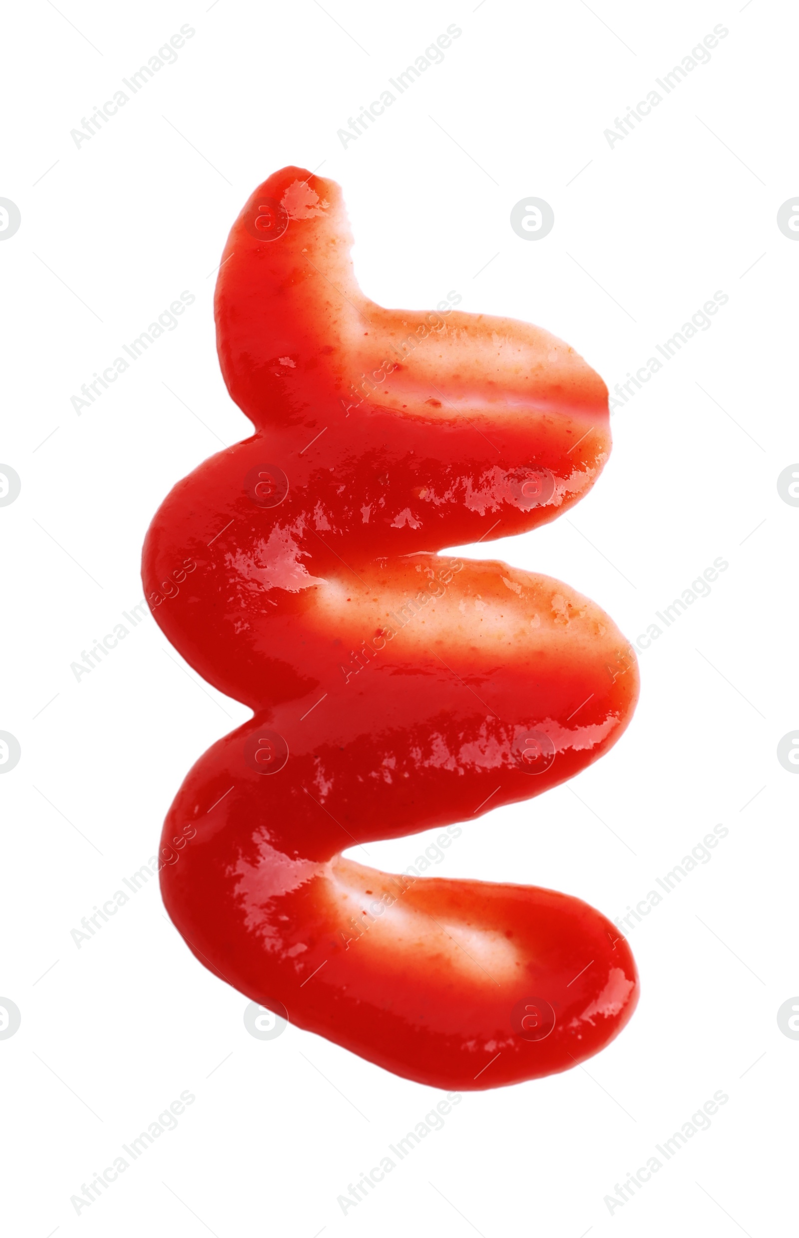 Photo of Tasty ketchup isolated on white, top view. Tomato sauce