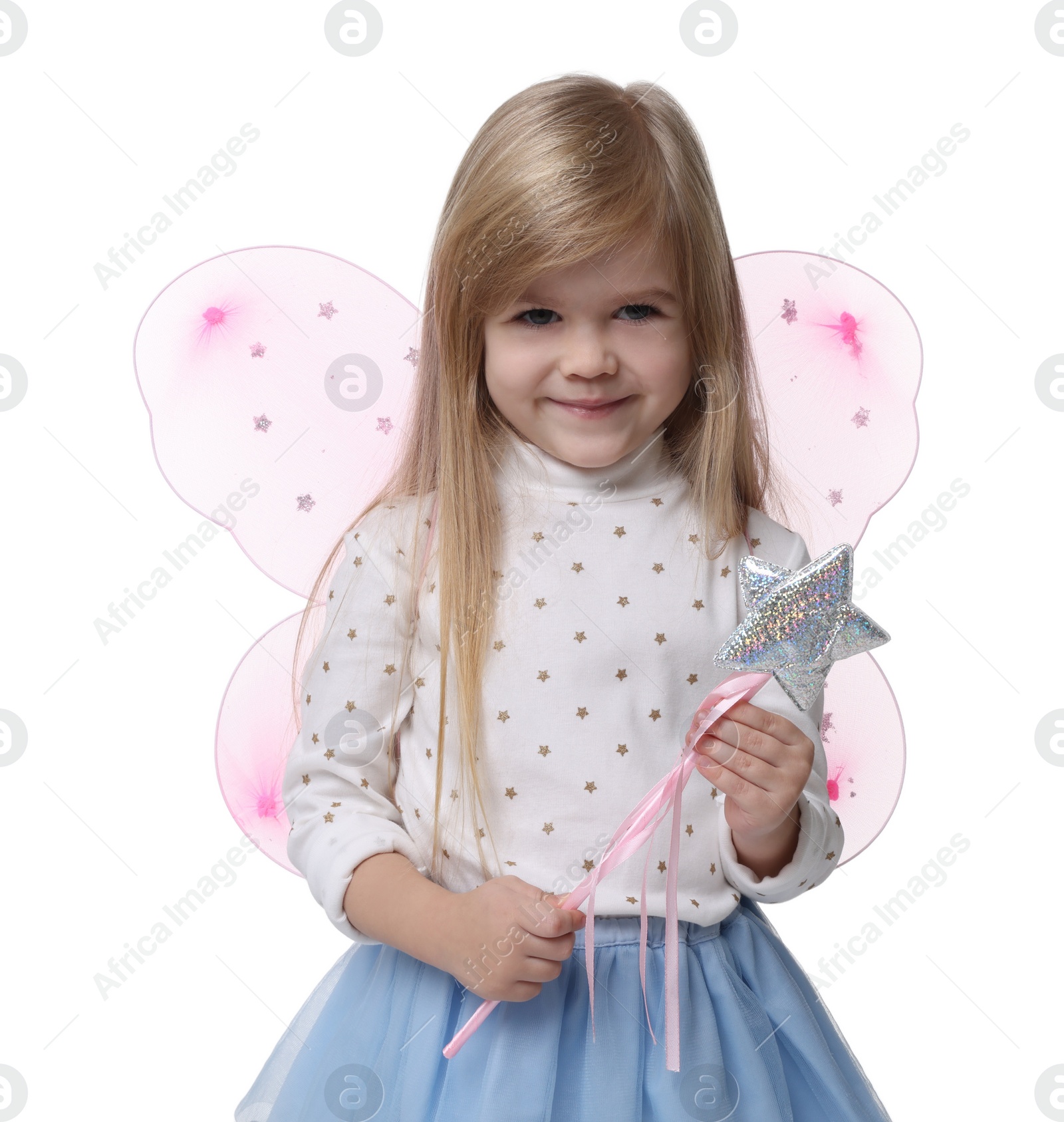 Photo of Cute little girl in fairy costume with pink wings and magic wand on white background