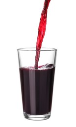 Photo of Pouring fresh juice into glass on white background