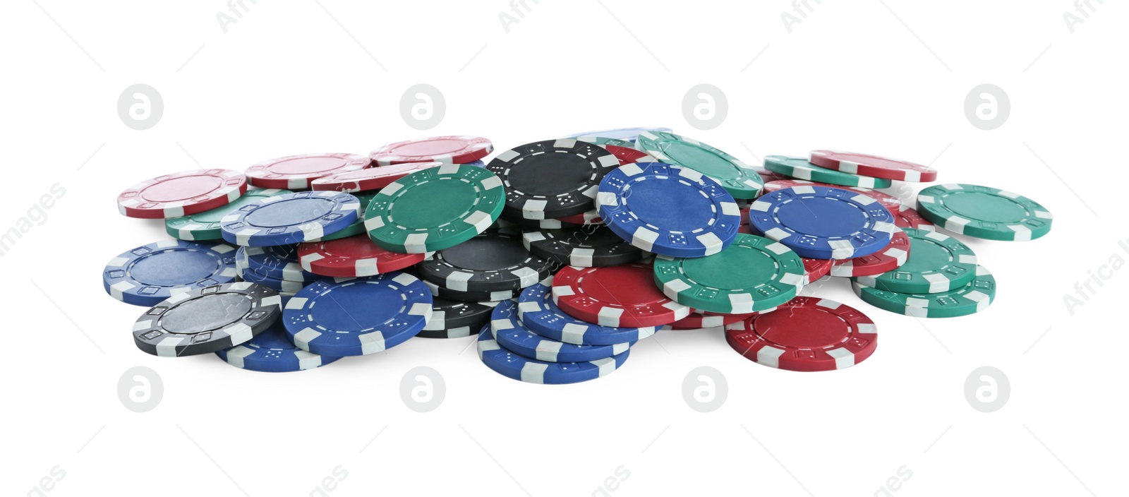 Photo of Pile of casino poker chips on white background