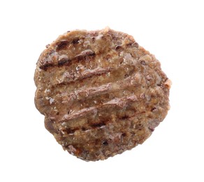 Photo of Tasty grilled burger patty isolated on white, top view