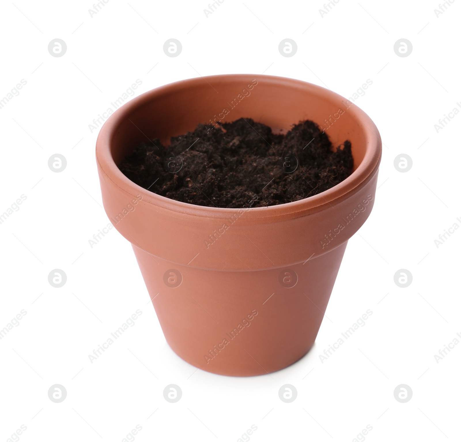 Photo of Stylish terracotta flower pot with soil isolated on white