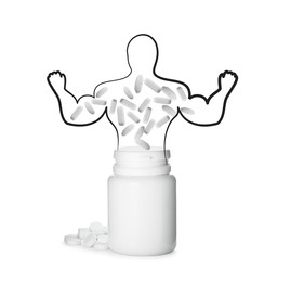 Image of Plastic bottle and silhouette of sportsman filled with pills symbolizing using doping on white background