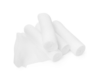Photo of Medical gauze bandage rolls on white background