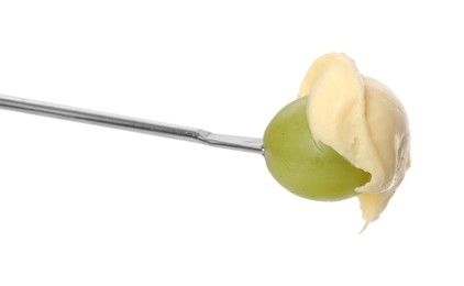 Tasty fondue. Fork with grape and melted cheese isolated on white